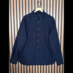 John Varvatos Button Shirt XL Blue Navy Oxford Roll Tab 100% Cotton Long Sleeve